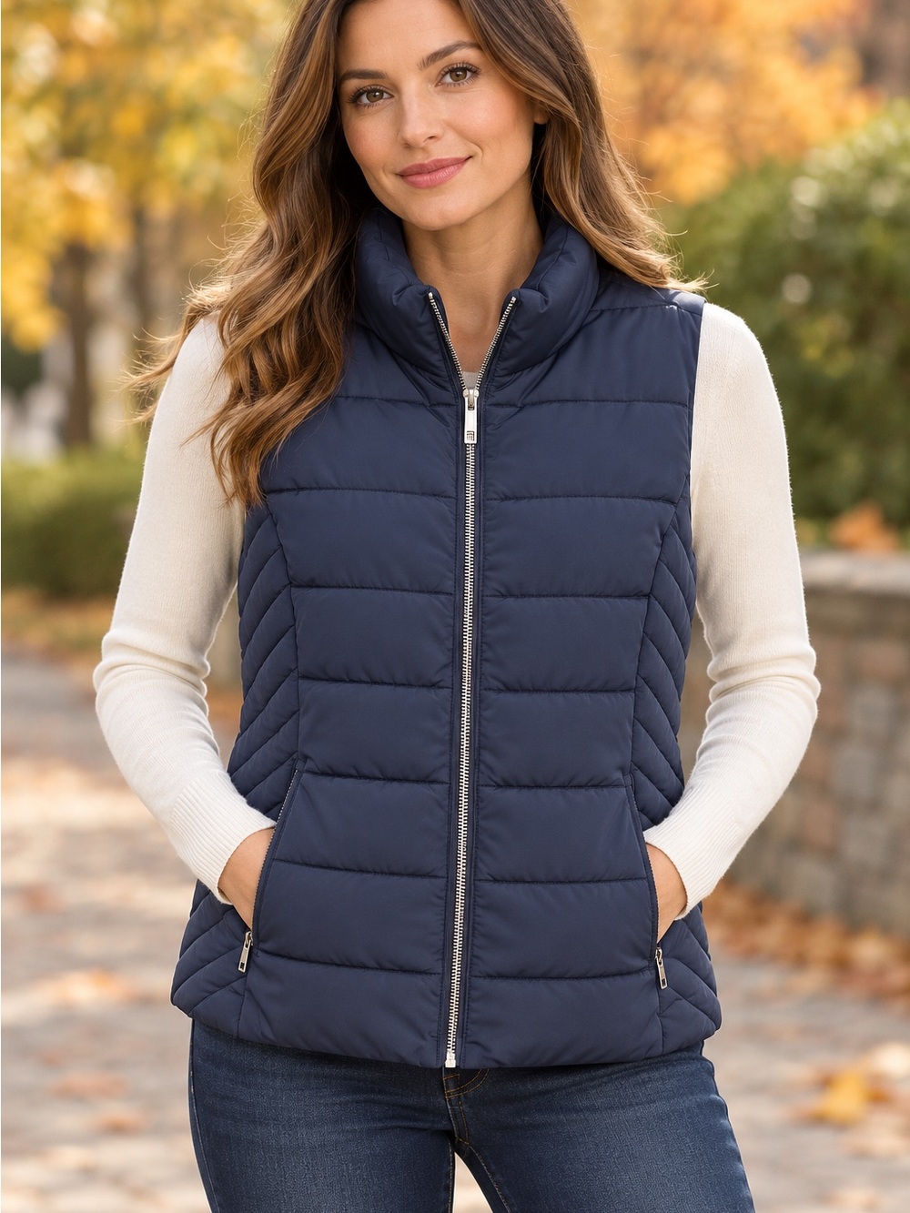 Fall Tommy Hilfiger Women’s L Navy Quilted Puffer Vest Full Zip Preppy Fall